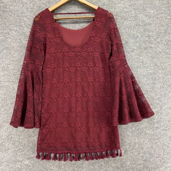 GB Blouse Women S Small Red Striped Crochet Lined 3/4 Sleeve Round Neck Casual - Picture 2 of 8